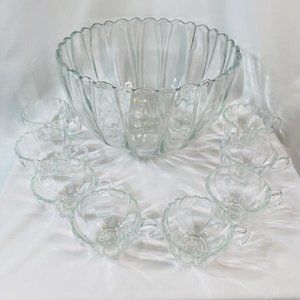 Hazel Atlas Vintage Clear Glass Punchbowl and 8 Cup Set Colonial Swirl MCM